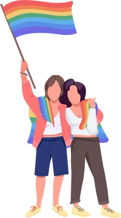 Pareja de lesbianas con bandera del arco iris  Ilustración