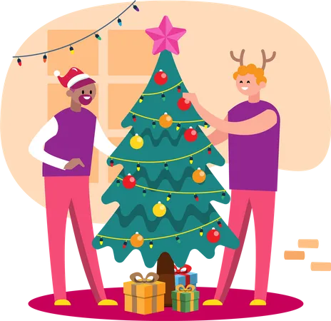 Pareja LGBTQ decorando el árbol de Navidad  Ilustración