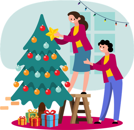 Pareja LGBTQ decorando el árbol de Navidad  Ilustración