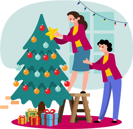 Pareja LGBTQ decorando el árbol de Navidad  Ilustración