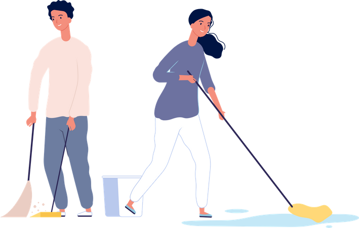 Pareja limpiando casa juntos  Ilustración