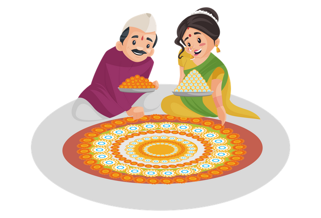 La pareja india marathi está decorando el suelo con flores.  Ilustración