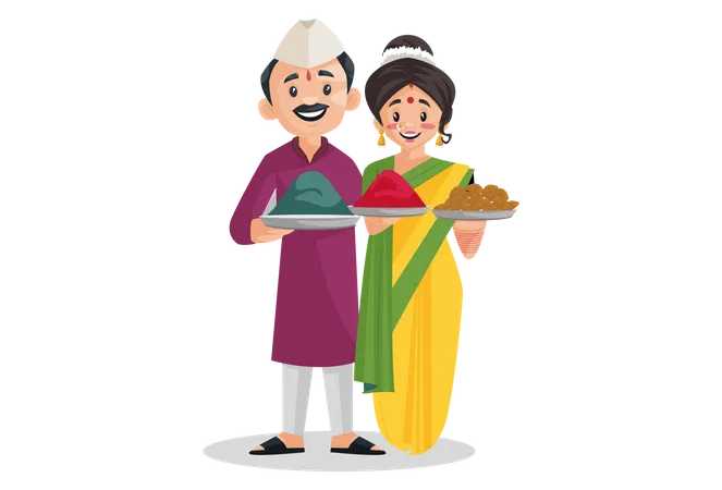 Una pareja india marathi sostiene dulces y platos de colores en sus manos  Ilustración