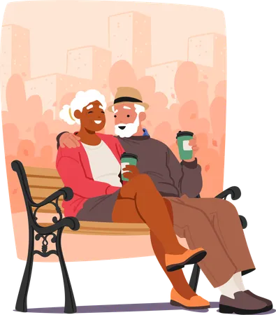 La pareja mayor bebe café caliente en un banco del parque  Ilustración