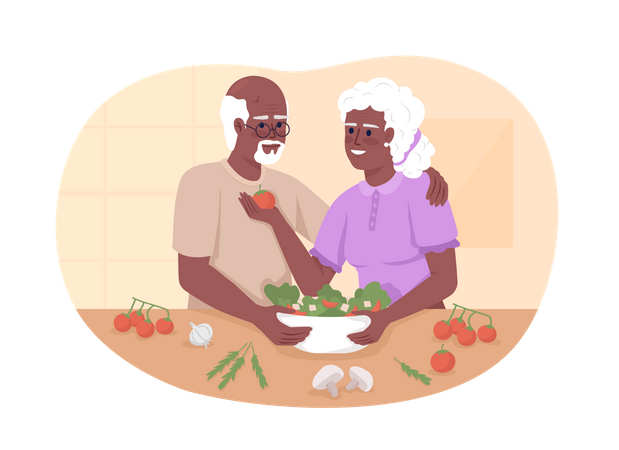 Una pareja mayor prepara la cena en la cocina  Ilustración
