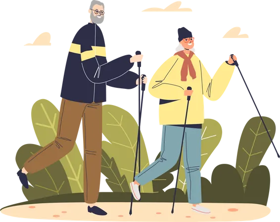 Pareja mayor de caminantes haciendo trekking  Ilustración