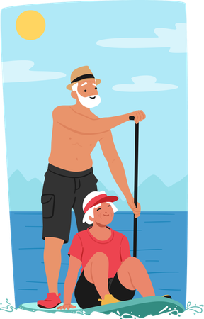 Una pareja de ancianos disfruta del paddleboarding  Ilustración