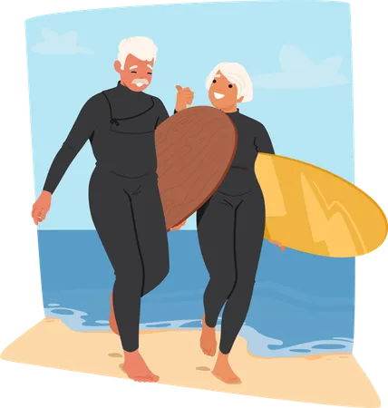 Una pareja mayor en traje de neopreno disfruta de la playa mientras sostienen tablas de surf  Ilustración