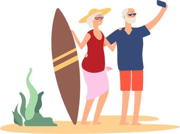 Pareja mayor hablando selfie con tabla de surf  Ilustración