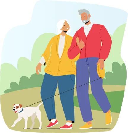 Pareja mayor camina con perro en el parque  Ilustración