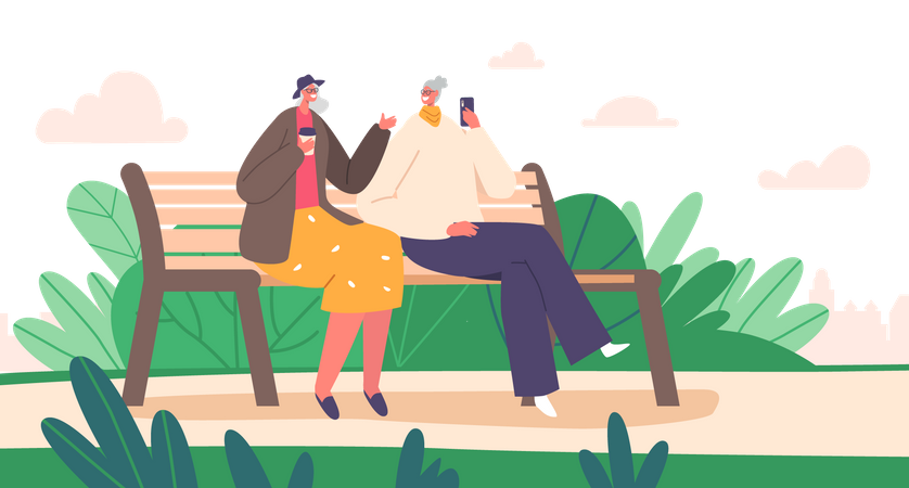 Pareja mayor sentada en el parque  Ilustración