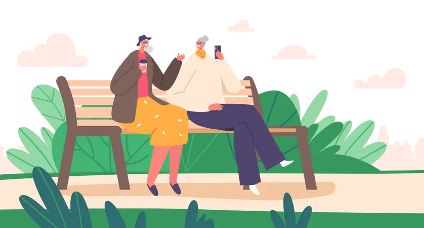 Pareja mayor sentada en el parque  Ilustración