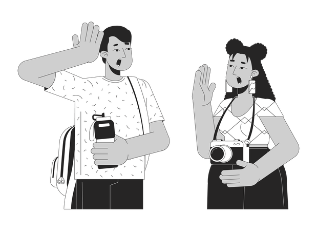 Emocionada pareja de raza mixta viajando de turismo  Ilustración