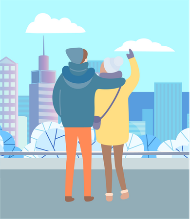 Pareja mirando vistas a la ciudad durante el invierno  Ilustración