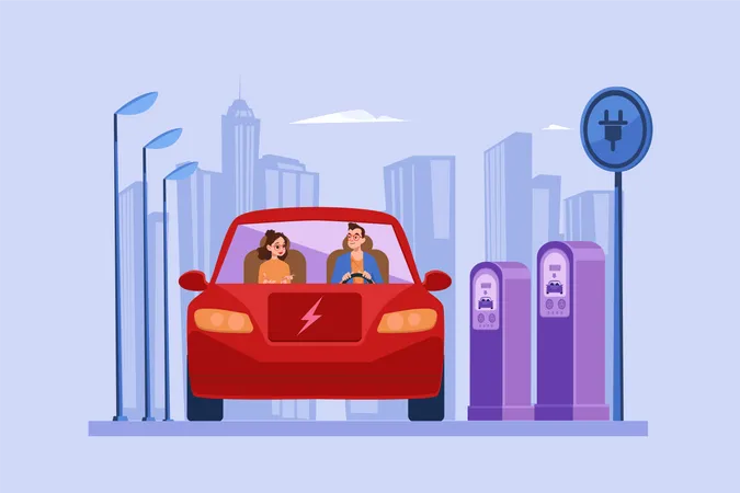 Pareja montando coche eléctrico  Ilustración