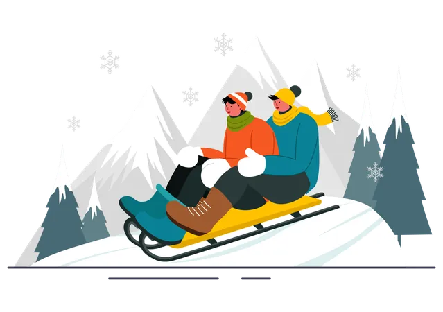 Pareja montando en trineo sobre hielo en invierno  Ilustración