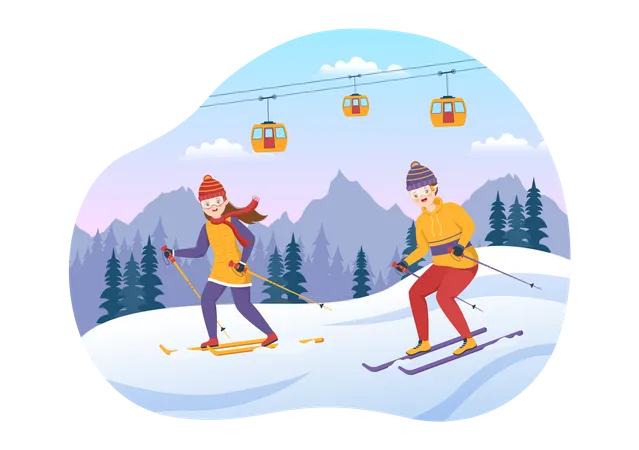 Ilustracion De Esqui Con Esquiadores Deslizandose Cerca De La Montana Yendo Cuesta Abajo En Una Estacion De Esqui En Actividades Deportivas De Invierno Planas Plantillas Dibujadas A Mano De Dibujos Animados Ilustración