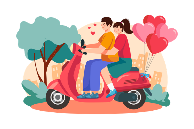 Pareja viajando juntos en scooter  Ilustración