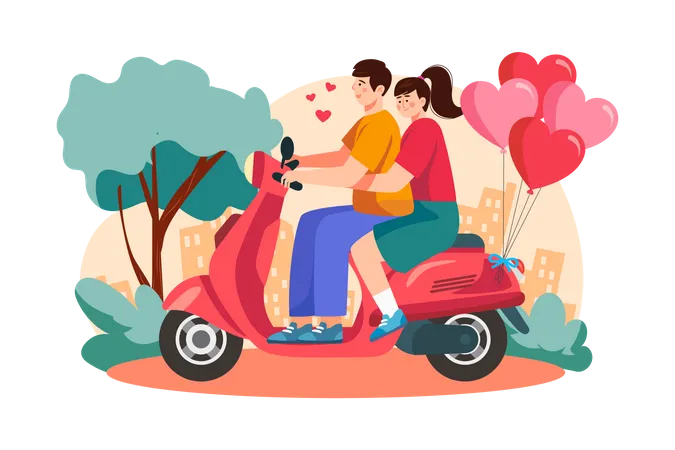 Pareja viajando juntos en scooter  Ilustración