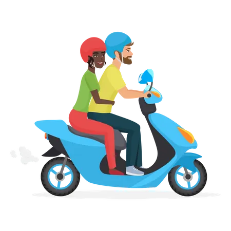 Pareja montando scooter juntos  Ilustración