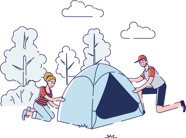 Una pareja montando una tienda de campaña en el bosque  Ilustración
