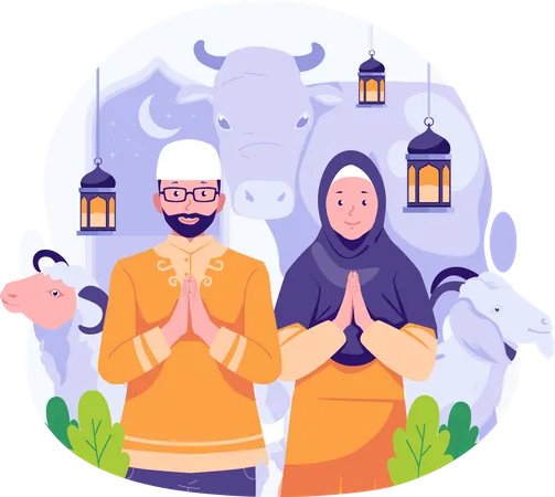 Pareja musulmana celebra Eid Al Adha con una vaca, una cabra y una oveja  Ilustración