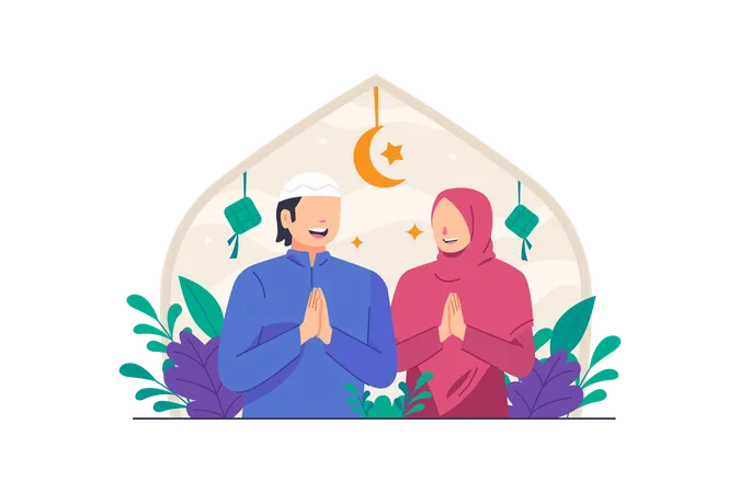 Pareja musulmana celebra Eid Al Fitr  Ilustración