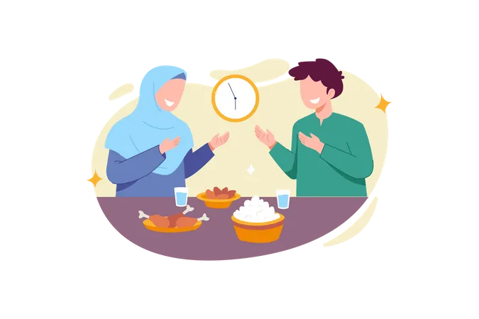 Pareja musulmana comiendo durante la hora Iftar  Ilustración