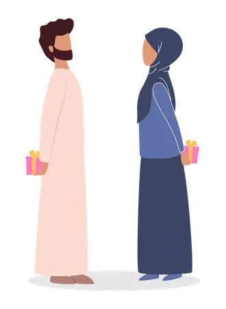 Pareja musulmana dándose regalos el uno al otro  Ilustración