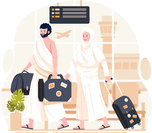 Una pareja musulmana de peregrinos vestidos con ropas ihram y con una maleta recién llegada  Ilustración
