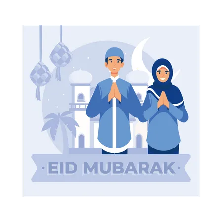 Pareja musulmana deseando Eid Mubarak  Ilustración