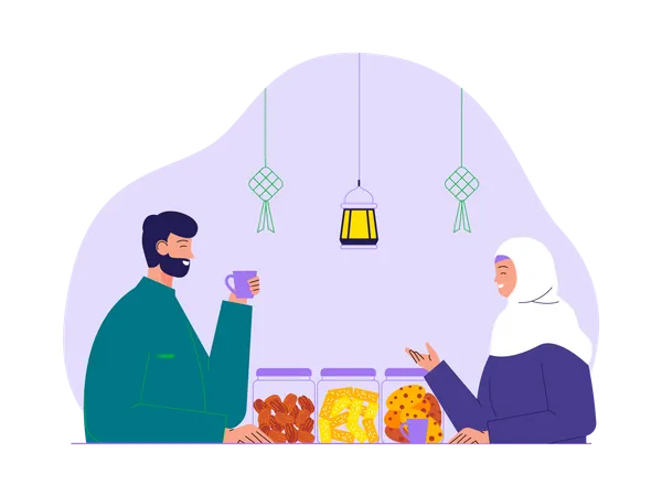 Una pareja musulmana disfruta de una cena de Ramadán  Ilustración