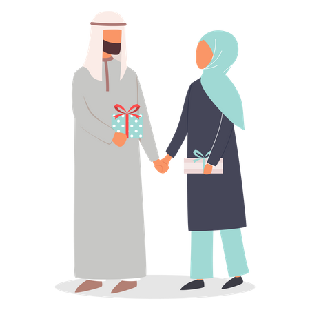 Pareja musulmana en una cita dando un regalo  Ilustración