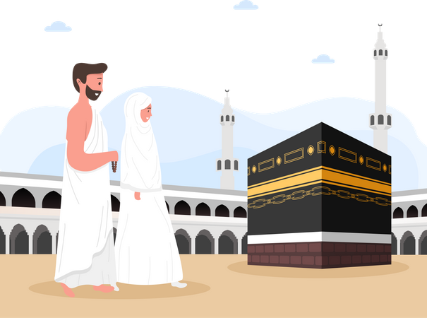 Una pareja musulmana está realizando la peregrinación islámica al hajj  Ilustración