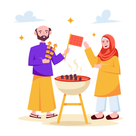 Pareja musulmana haciendo barbacoa  Ilustración