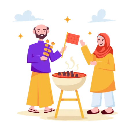 Pareja musulmana haciendo barbacoa  Ilustración