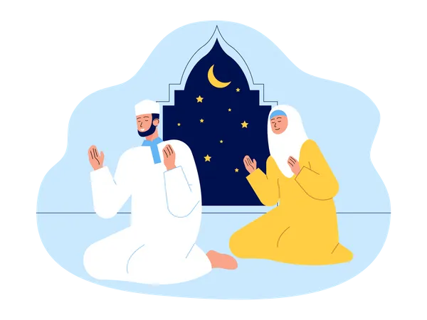 Pareja musulmana haciendo oración islámica  Ilustración