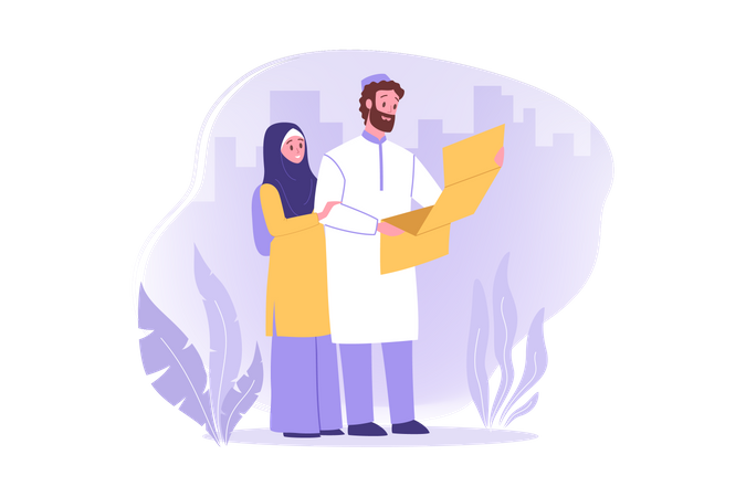Carta de lectura de pareja musulmana  Ilustración