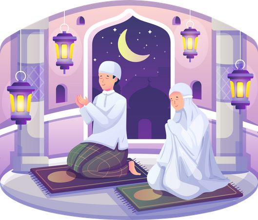 Pareja musulmana leyendo el Corán durante el Ramadán Kareem  Ilustración