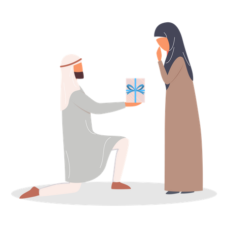 Pareja musulmana moderna en una cita dando un regalo  Ilustración