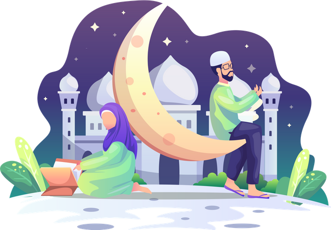 Pareja musulmana rezando durante el Ramadán Kareem  Ilustración