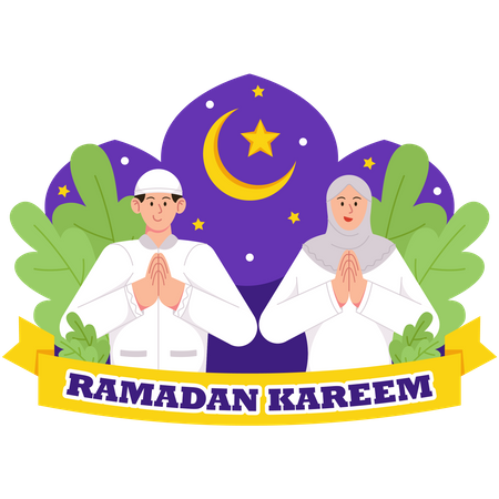 Pareja musulmana rezando en Ramadán Kareem  Ilustración