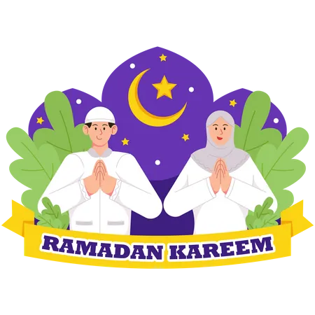 Pareja musulmana rezando en Ramadán Kareem  Ilustración