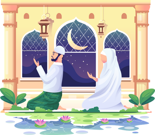 Pareja musulmana rezando en una mezquita  Ilustración