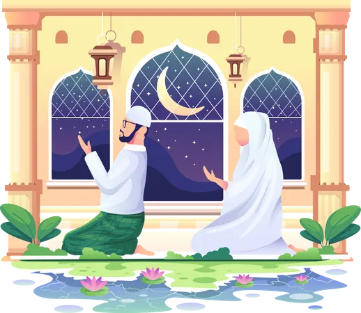 Pareja Musulmana Rezando En Una Mezquita En Ramadan Kareem Feliz Eid Mubarak Ilustracion Vectorial Plana Ilustración