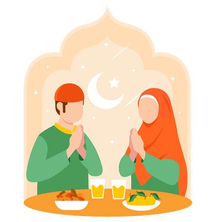 Pareja musulmana pagando en hora Iftar  Ilustración