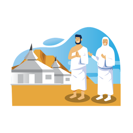 Una pareja musulmana realiza una estancia de peregrinación islámica en Mina  Ilustración