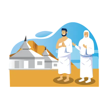 Una pareja musulmana realiza una estancia de peregrinación islámica en Mina  Ilustración