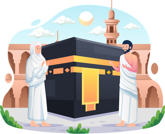 Una pareja musulmana realiza la peregrinación islámica Hajj  Ilustración