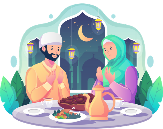 Pareja musulmana rezando antes de tener iftar  Ilustración